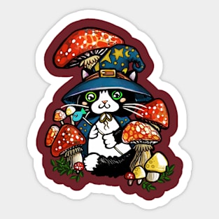 Adorable and Mystical Kitty Cat Wizard Sitting in some Mushrooms Sticker